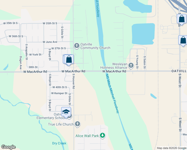 map of restaurants, bars, coffee shops, grocery stores, and more near 5377 West Macarthur Road in Wichita