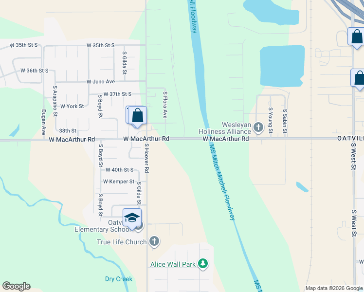 map of restaurants, bars, coffee shops, grocery stores, and more near 5377 West Macarthur Road in Wichita
