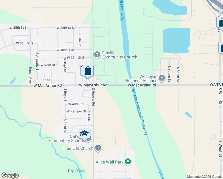 map of restaurants, bars, coffee shops, grocery stores, and more near 5377 West Macarthur Road in Wichita
