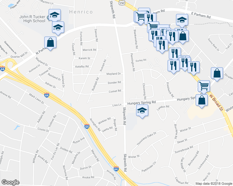 map of restaurants, bars, coffee shops, grocery stores, and more near 7507 Comet Road in Henrico