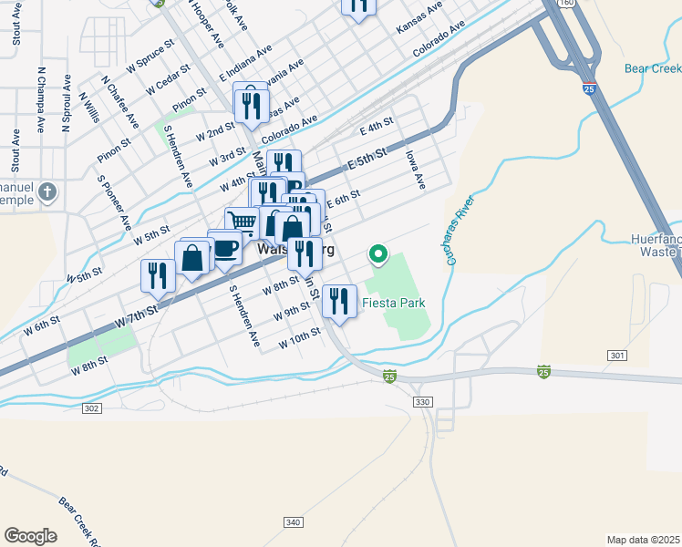 map of restaurants, bars, coffee shops, grocery stores, and more near 801 Russell Street in Walsenburg