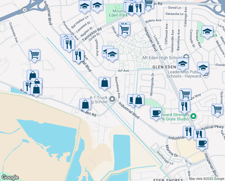 map of restaurants, bars, coffee shops, grocery stores, and more near 27750 Industrial Boulevard in Hayward