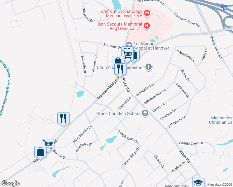 map of restaurants, bars, coffee shops, grocery stores, and more near 8281 Wonderland Lane in Mechanicsville