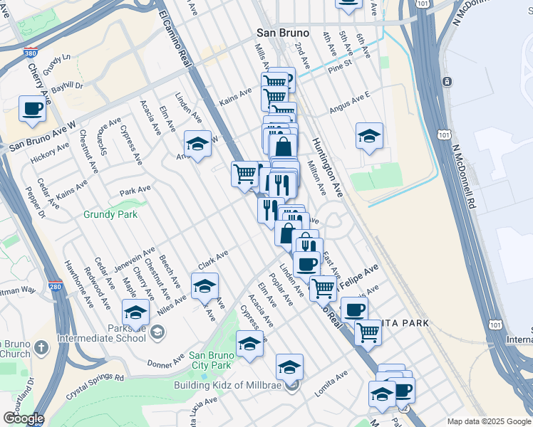 map of restaurants, bars, coffee shops, grocery stores, and more near 1488 El Camino Real in South San Francisco