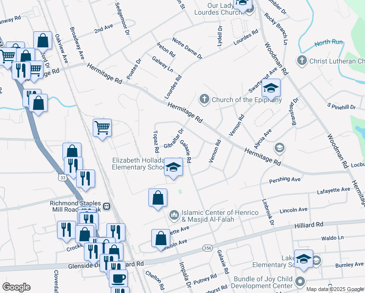 map of restaurants, bars, coffee shops, grocery stores, and more near 7911 Galaxie Road in Henrico
