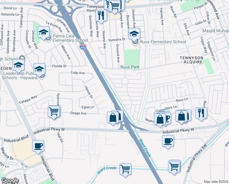 map of restaurants, bars, coffee shops, grocery stores, and more near 28243 Murcia Street in Hayward