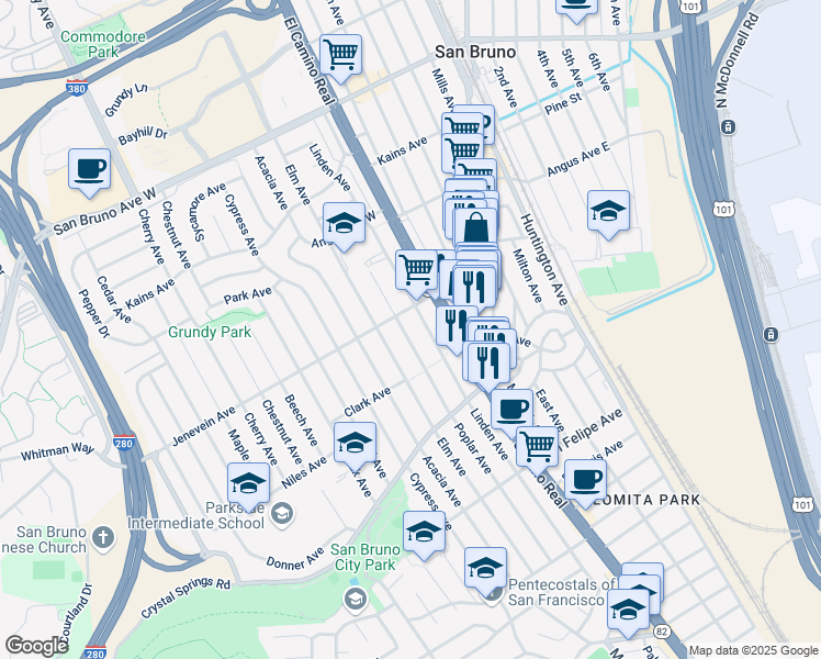 map of restaurants, bars, coffee shops, grocery stores, and more near 476 Poplar Avenue in San Bruno