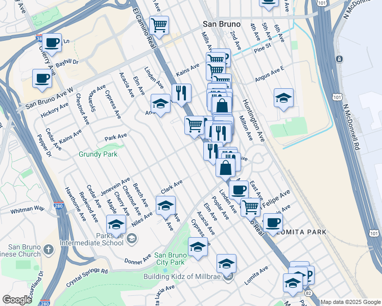 map of restaurants, bars, coffee shops, grocery stores, and more near 476 Poplar Avenue in San Bruno