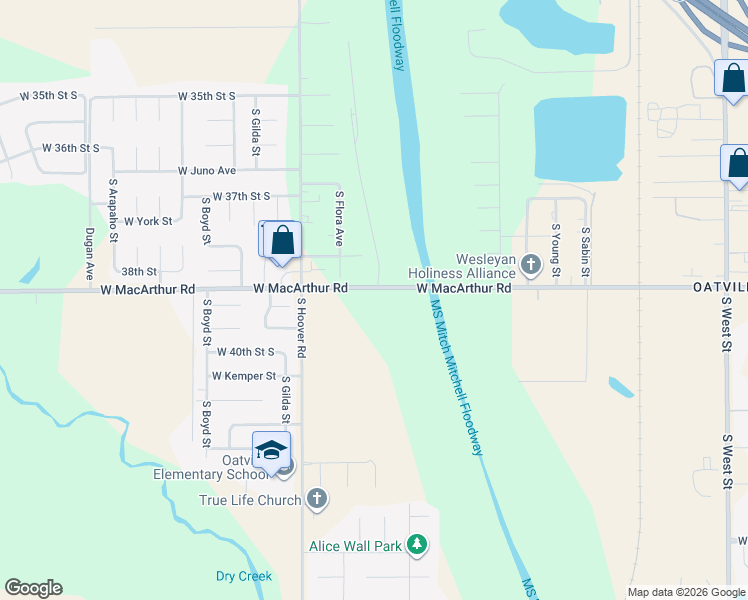 map of restaurants, bars, coffee shops, grocery stores, and more near 5377 West Macarthur Road in Wichita