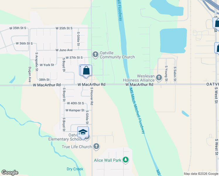 map of restaurants, bars, coffee shops, grocery stores, and more near 5377 West Macarthur Road in Wichita