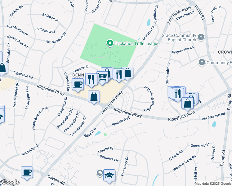 map of restaurants, bars, coffee shops, grocery stores, and more near 2240 John Rolfe Parkway in Richmond