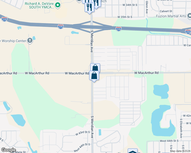 map of restaurants, bars, coffee shops, grocery stores, and more near 4020 S Meridian Ave in Wichita