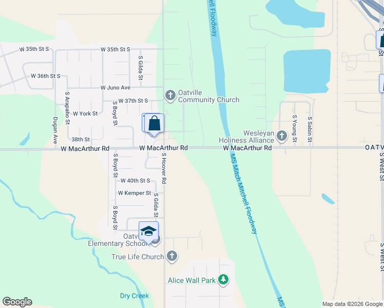 map of restaurants, bars, coffee shops, grocery stores, and more near 5515 West MacArthur Road in Wichita
