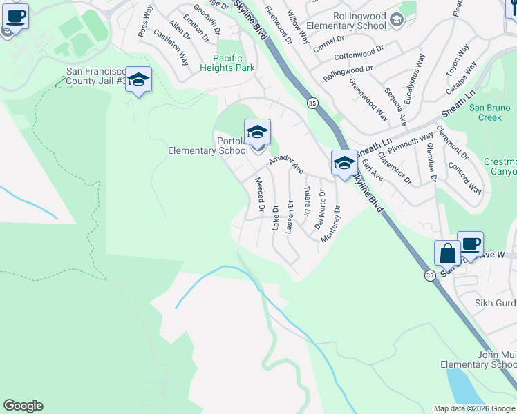 map of restaurants, bars, coffee shops, grocery stores, and more near 221 Merced Drive in San Bruno