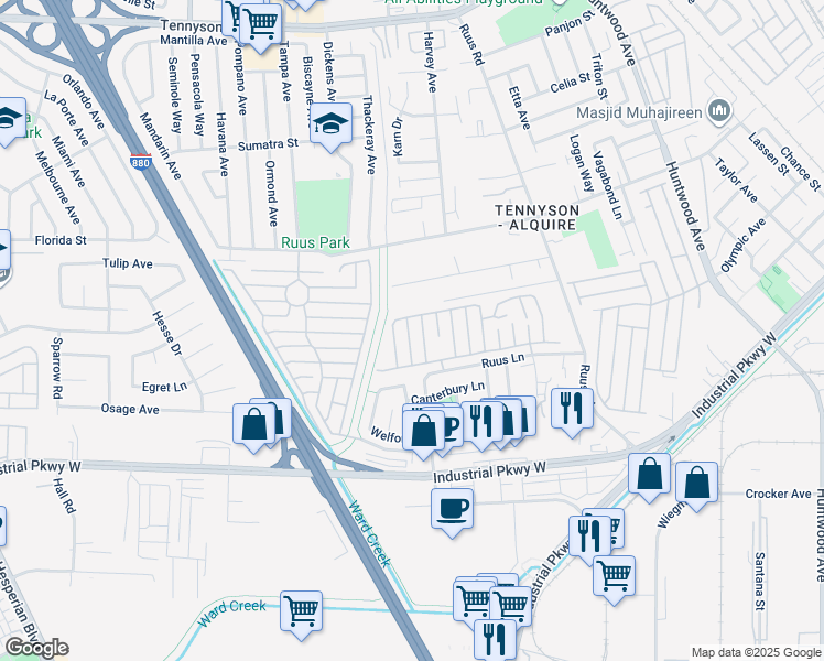 map of restaurants, bars, coffee shops, grocery stores, and more near 28952 Whitecliff Road in Hayward