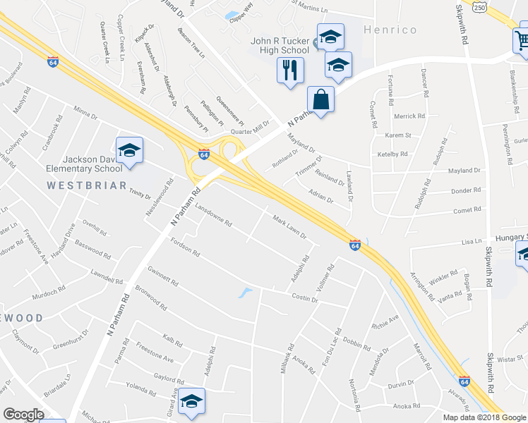 map of restaurants, bars, coffee shops, grocery stores, and more near 2498 Marrieta Road in Henrico