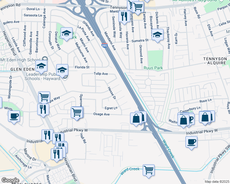 map of restaurants, bars, coffee shops, grocery stores, and more near 1819 Dove Way in Hayward
