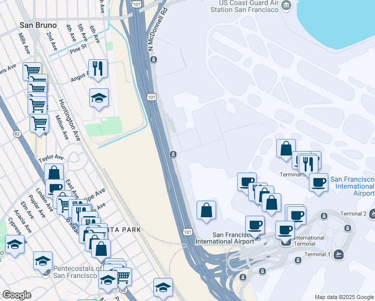 map of restaurants, bars, coffee shops, grocery stores, and more near 797 West Field Road in San Francisco
