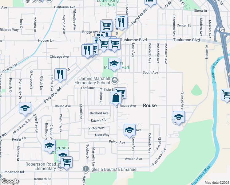 map of restaurants, bars, coffee shops, grocery stores, and more near 618 Placid Lane in Modesto