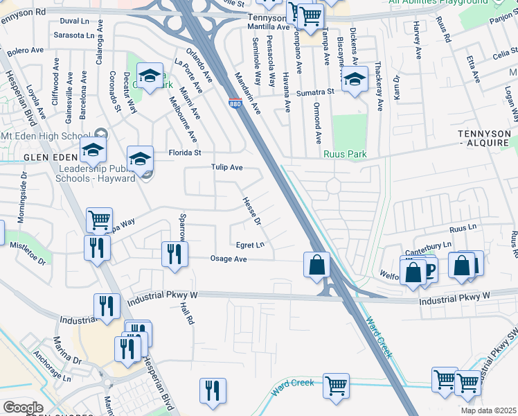 map of restaurants, bars, coffee shops, grocery stores, and more near 1819 Dove Way in Hayward
