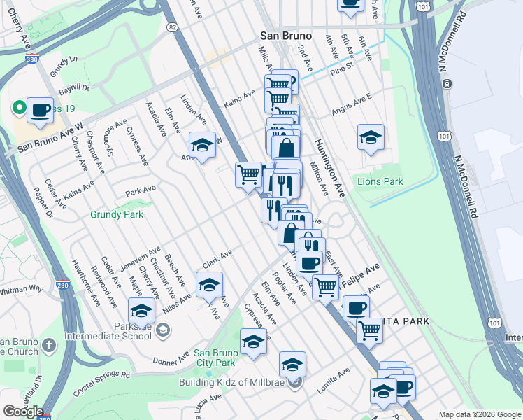 map of restaurants, bars, coffee shops, grocery stores, and more near 421 El Camino Real in San Bruno