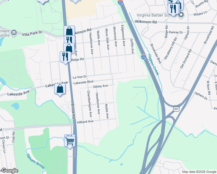 map of restaurants, bars, coffee shops, grocery stores, and more near 5625 Noble Avenue in Richmond