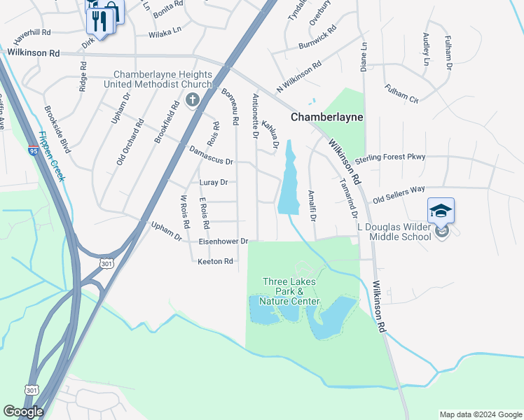 map of restaurants, bars, coffee shops, grocery stores, and more near 7613 Antionette Drive in Richmond