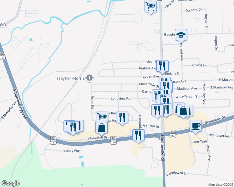 map of restaurants, bars, coffee shops, grocery stores, and more near 609 Longview Road in Danville