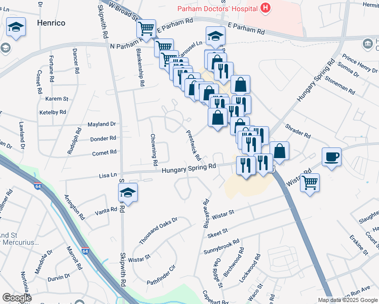 map of restaurants, bars, coffee shops, grocery stores, and more near 2524 Prestwick Road in Richmond