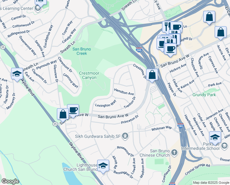 map of restaurants, bars, coffee shops, grocery stores, and more near 2425 Crestmoor Drive in San Bruno