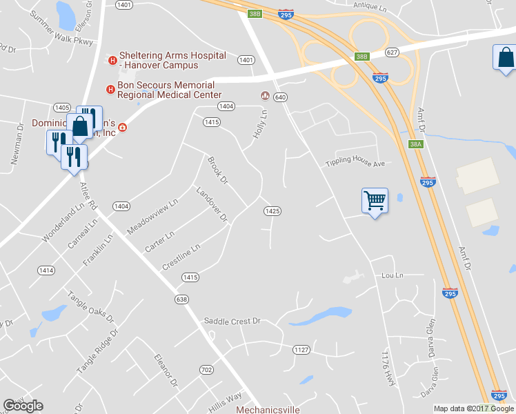 map of restaurants, bars, coffee shops, grocery stores, and more near 8134 South Mayfield Lane in Mechanicsville