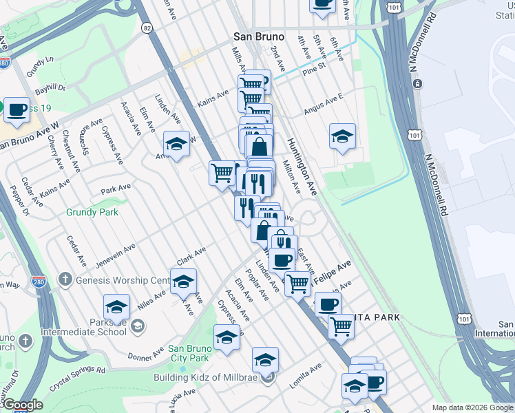 map of restaurants, bars, coffee shops, grocery stores, and more near 491 Taylor Avenue in San Bruno
