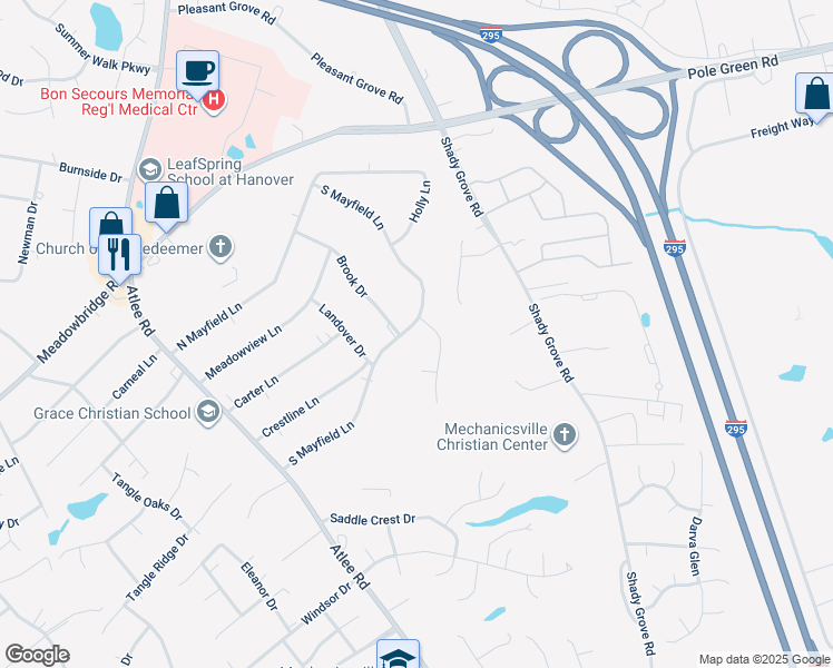 map of restaurants, bars, coffee shops, grocery stores, and more near 8134 South Mayfield Lane in Mechanicsville
