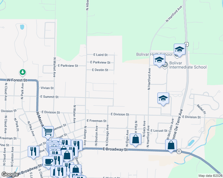 map of restaurants, bars, coffee shops, grocery stores, and more near 920 North Chicago Avenue in Bolivar