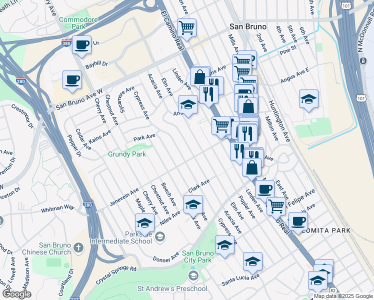 map of restaurants, bars, coffee shops, grocery stores, and more near 517 Acacia Avenue in San Bruno