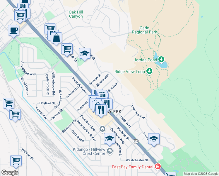 map of restaurants, bars, coffee shops, grocery stores, and more near 569 Janice Avenue in Hayward