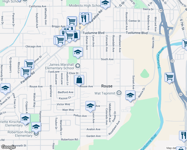 map of restaurants, bars, coffee shops, grocery stores, and more near 614b Leon Avenue in Modesto