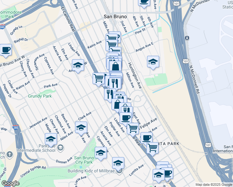 map of restaurants, bars, coffee shops, grocery stores, and more near 491 Taylor Avenue in San Bruno