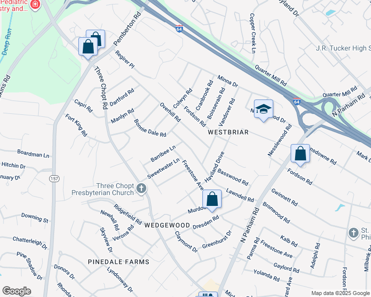 map of restaurants, bars, coffee shops, grocery stores, and more near 9311 Lawndell Road in Richmond