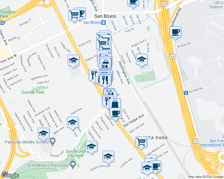 map of restaurants, bars, coffee shops, grocery stores, and more near 414 Mastick Avenue in San Bruno