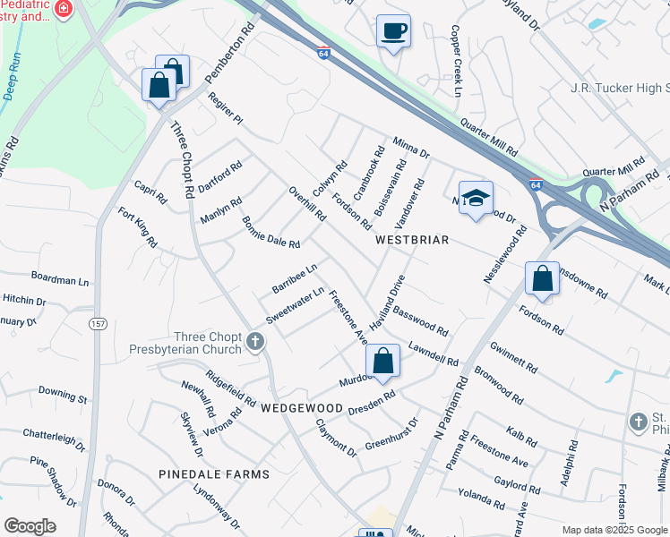 map of restaurants, bars, coffee shops, grocery stores, and more near 9311 Lawndell Road in Richmond