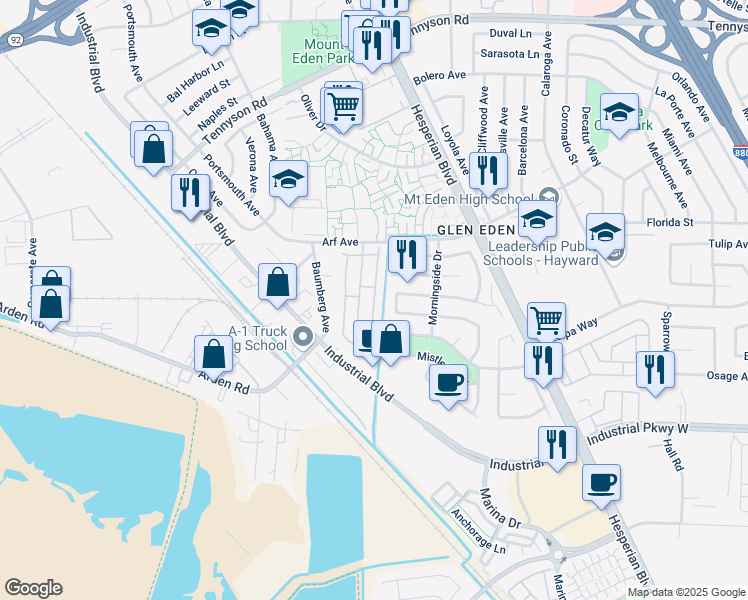 map of restaurants, bars, coffee shops, grocery stores, and more near 27949 Pueblo Serena in Hayward
