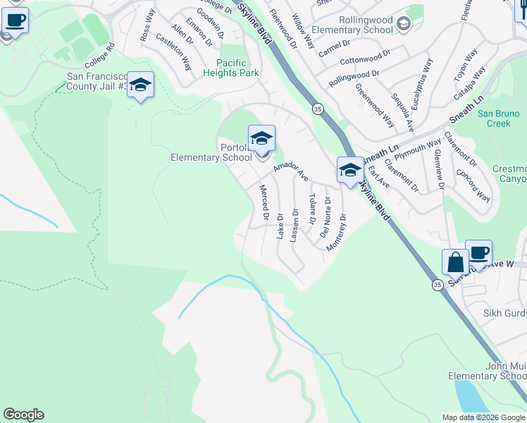 map of restaurants, bars, coffee shops, grocery stores, and more near 225 Merced Drive in San Bruno