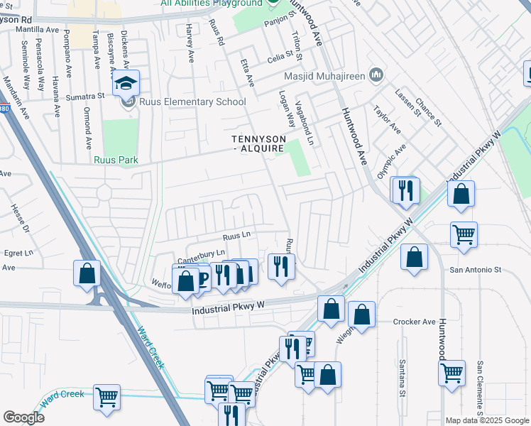 map of restaurants, bars, coffee shops, grocery stores, and more near 29044 Berkeley Road in Hayward
