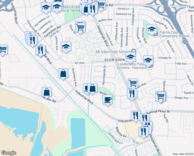 map of restaurants, bars, coffee shops, grocery stores, and more near 2492 Constellation Drive in Hayward