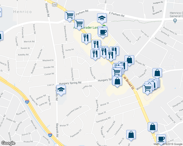 map of restaurants, bars, coffee shops, grocery stores, and more near 2524 Prestwick Road in Henrico