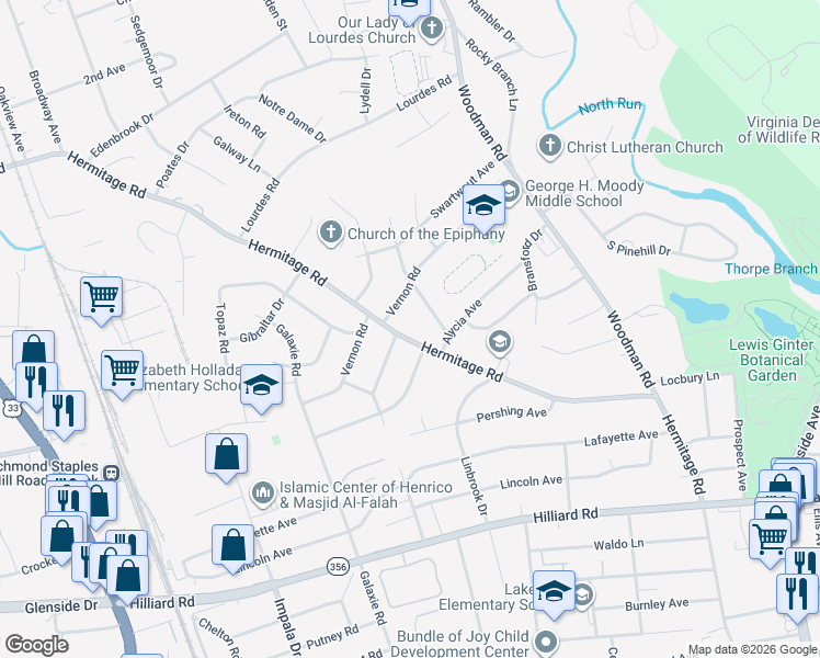 map of restaurants, bars, coffee shops, grocery stores, and more near 7803 Hermitage Road in Richmond