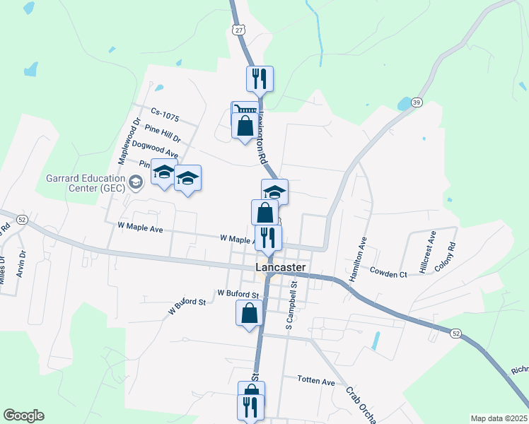 map of restaurants, bars, coffee shops, grocery stores, and more near 205 Lexington Road in Lancaster