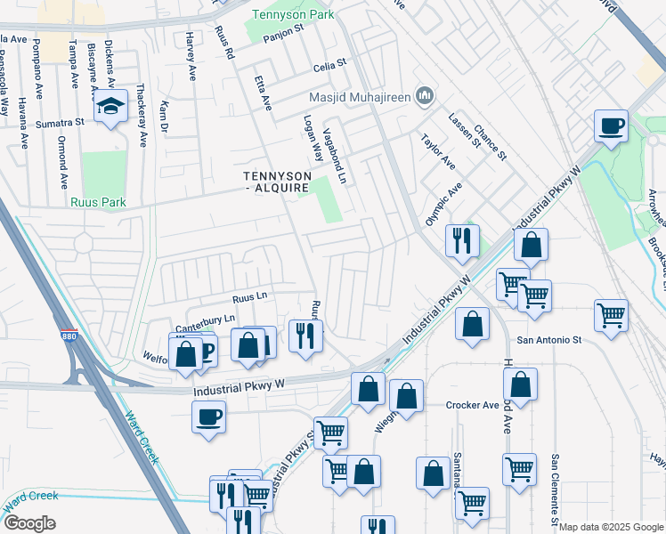 map of restaurants, bars, coffee shops, grocery stores, and more near 29270 Sandburg Way in Hayward