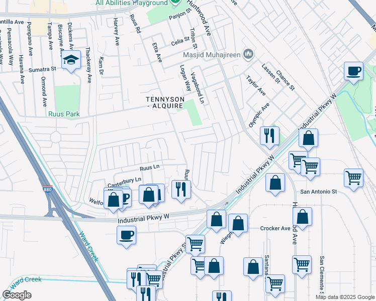 map of restaurants, bars, coffee shops, grocery stores, and more near 29342 Ruus Road in Hayward